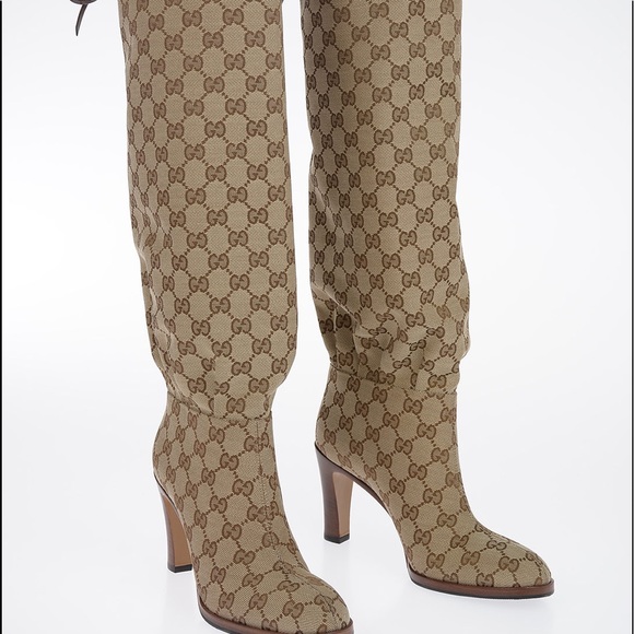 GUCCI Monogram Lisa Mid Heel Boots 38.5 Beige - Picture 4 of 10